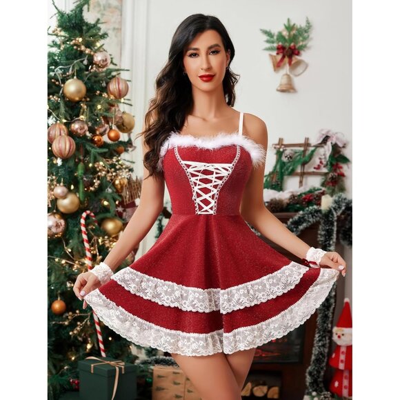 Avidlove Women's Sexy V Neck Party Fancy Santa Cosplay Costume Christmas Dress - Picture 3 of 6